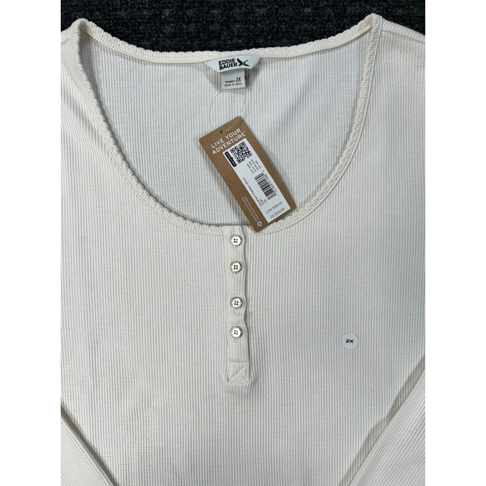 Eddie Bauer Womens Infinity Thermal Henley‎ Top Ivory Waffle Knit 2X 5305 NEW